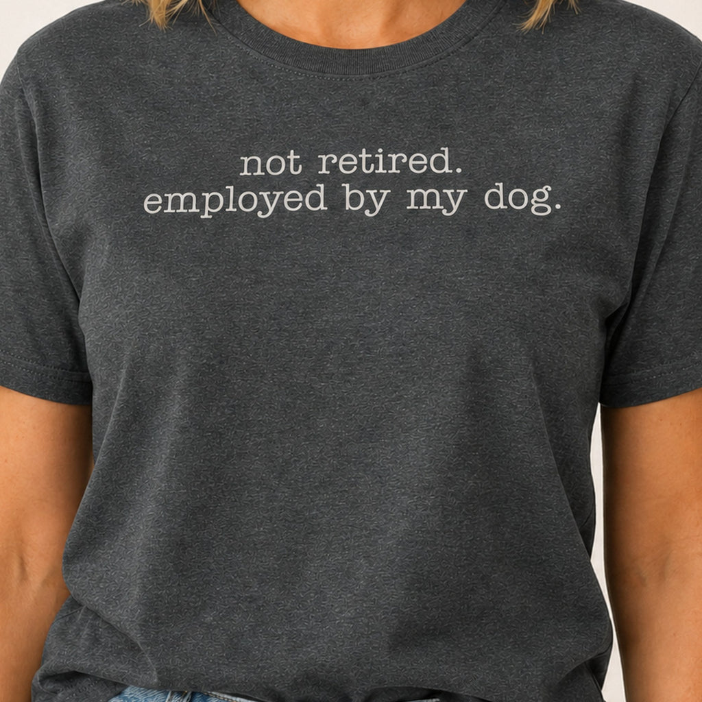Employed By My Dog T-Shirt - Dark Heather Zoomed In
