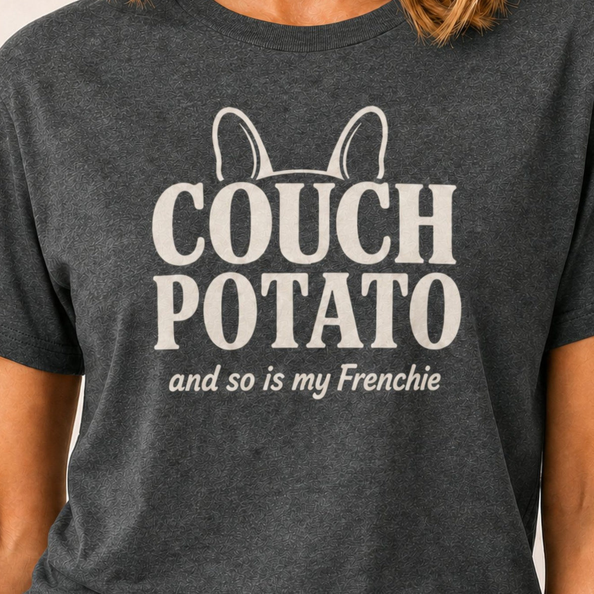 Frenchie Couch Potato T-Shirt - Dark Heather Zoomed In