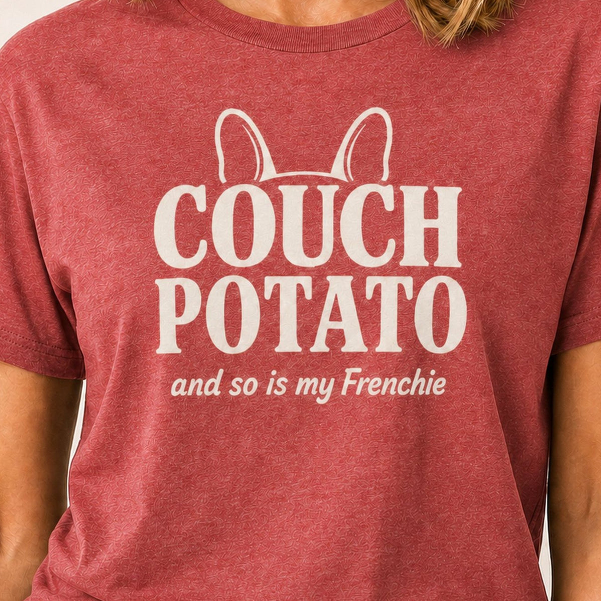 Frenchie Couch Potato T-Shirt - Heather Red Zoomed In