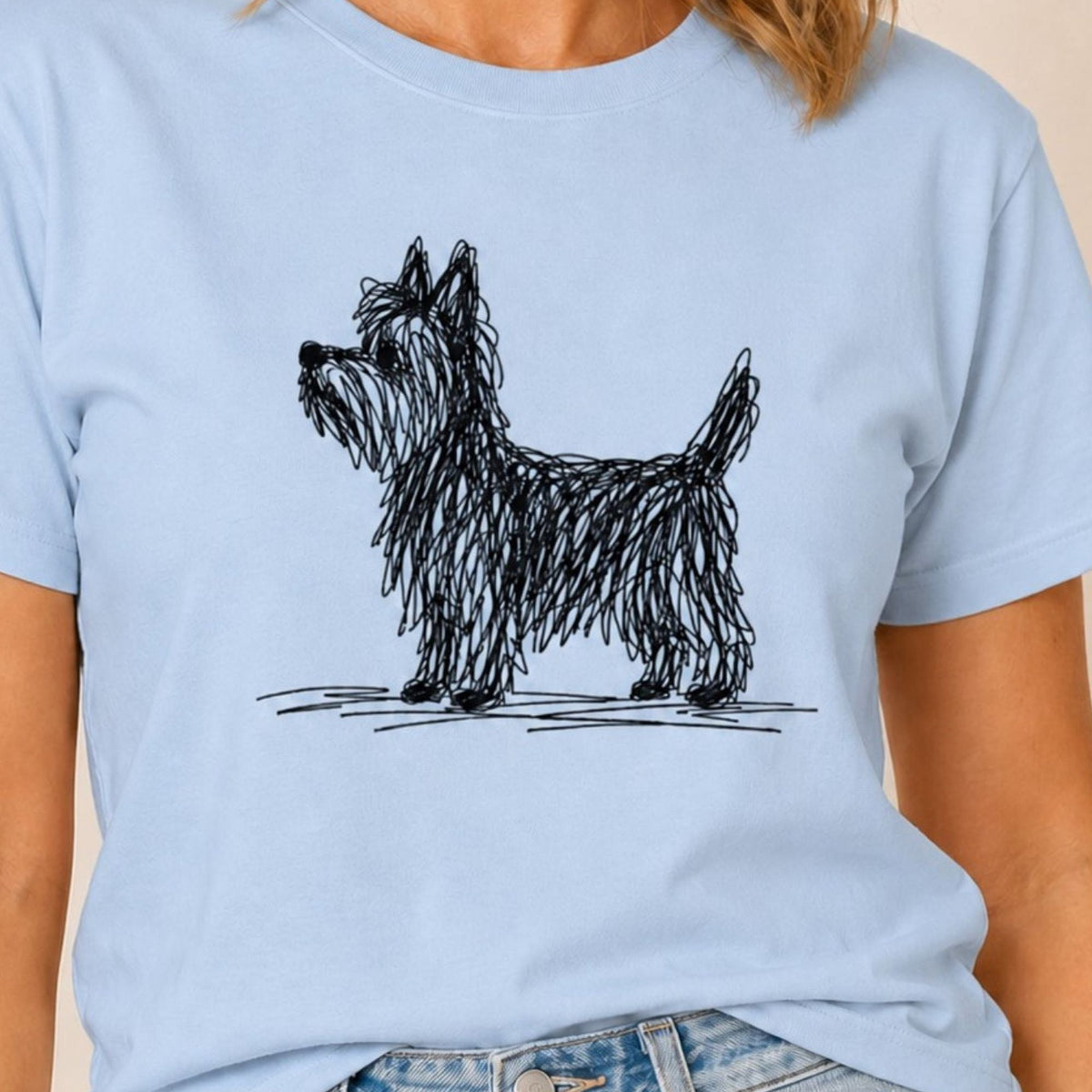 Scribbled Yorkshire Terrier T-Shirt - Light Blue Zoomed In