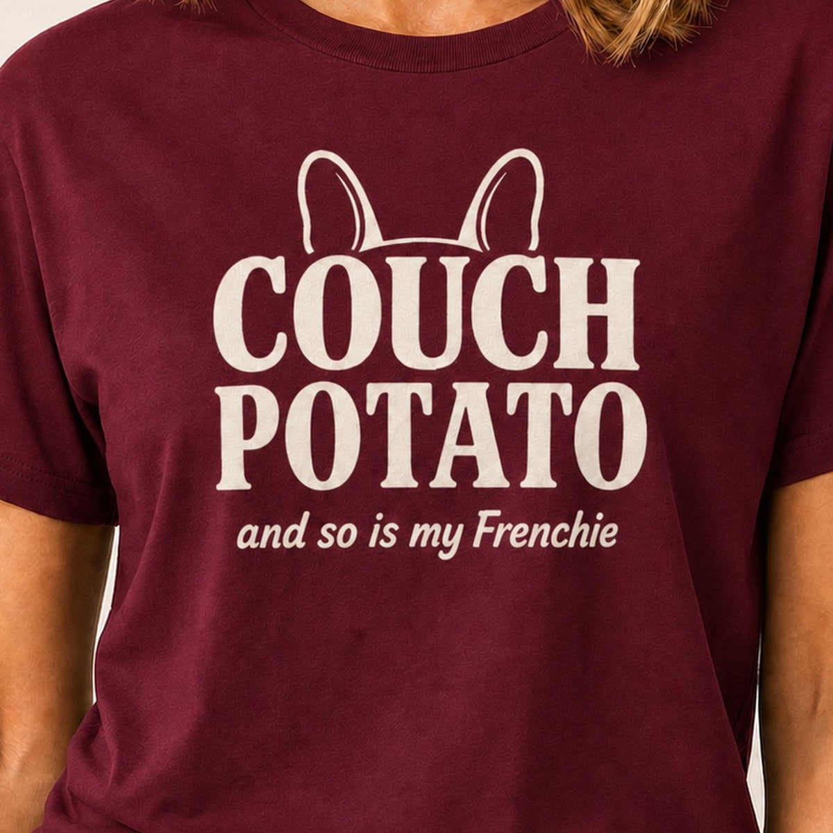 Frenchie Couch Potato T-Shirt - Maroon Zoomed In