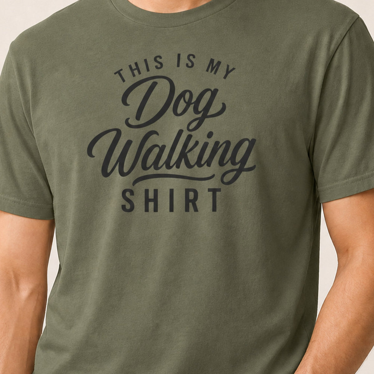 Dog Walking T-Shirt - Military Green Zoomed In