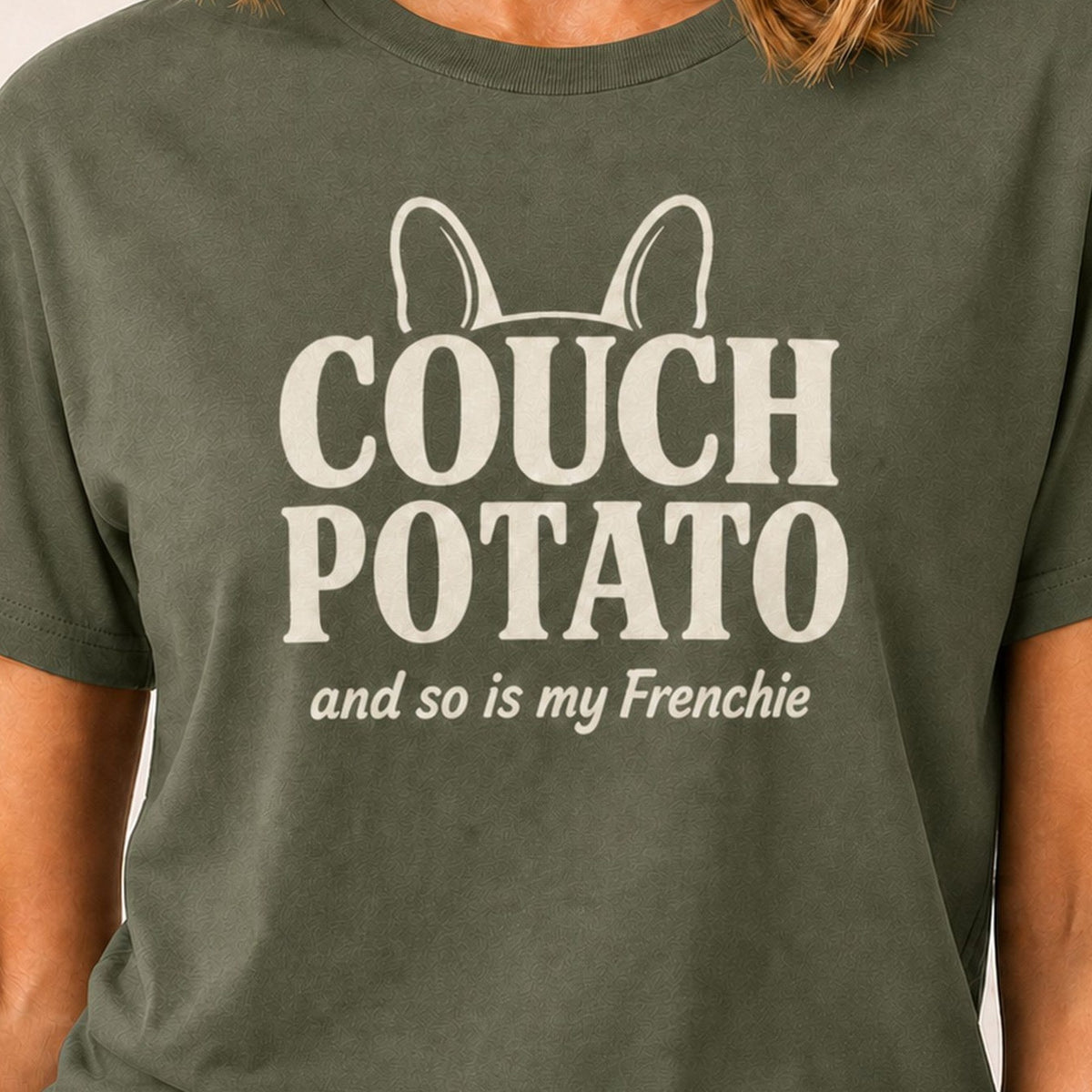 Frenchie Couch Potato T-Shirt - Military Green Zoomed In
