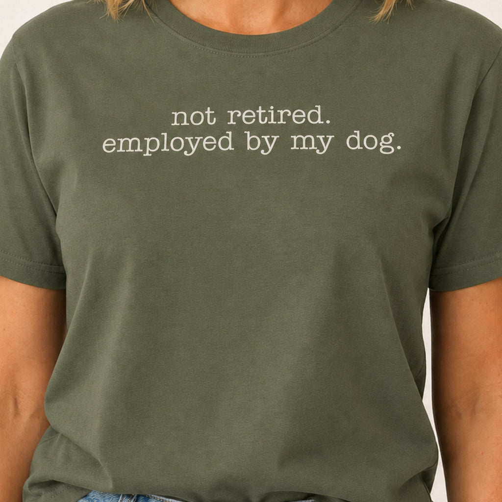Employed By My Dog T-Shirt - Military Green Zoomed In