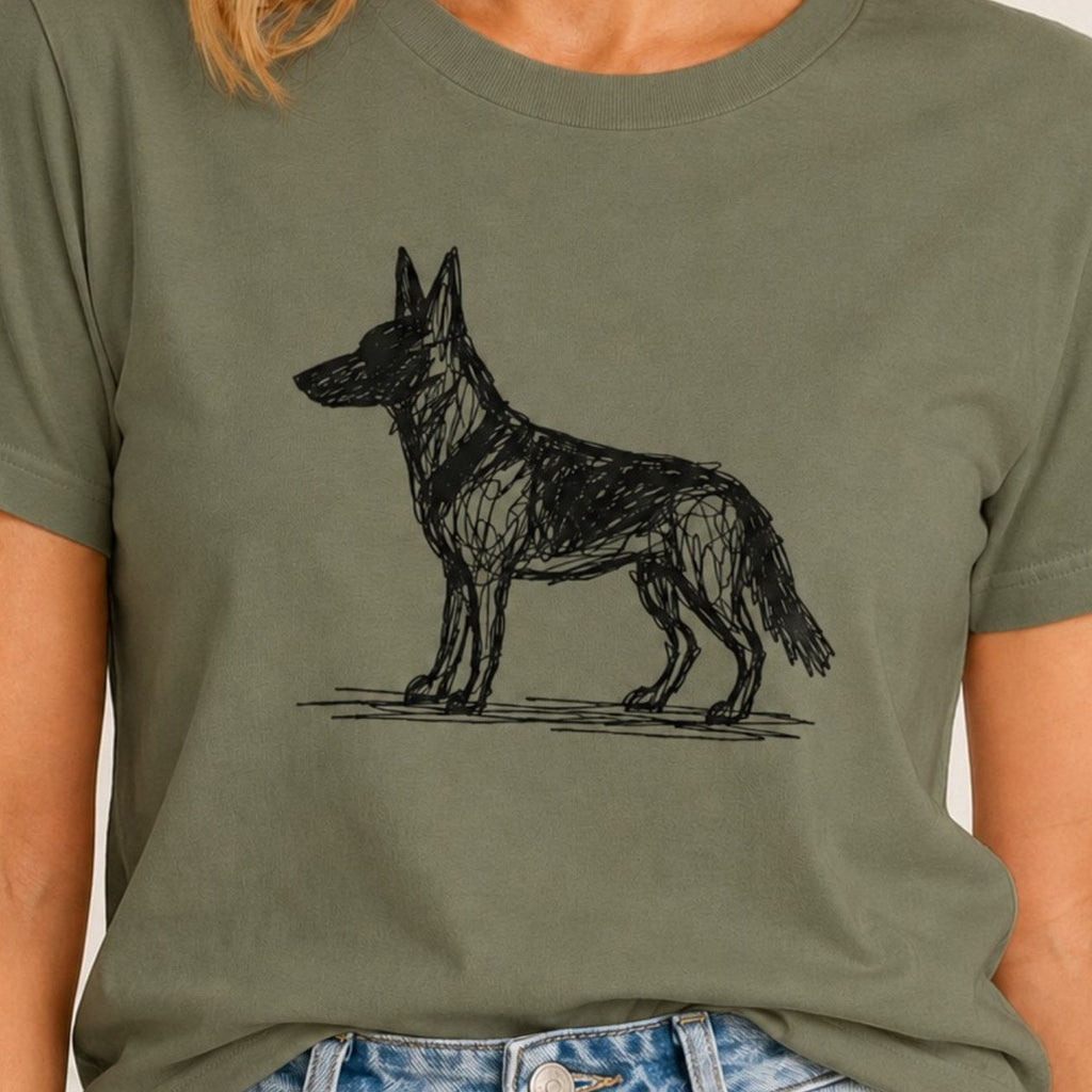 Scribbled German Shepherd T-Shirt - Military Green Zoomed In