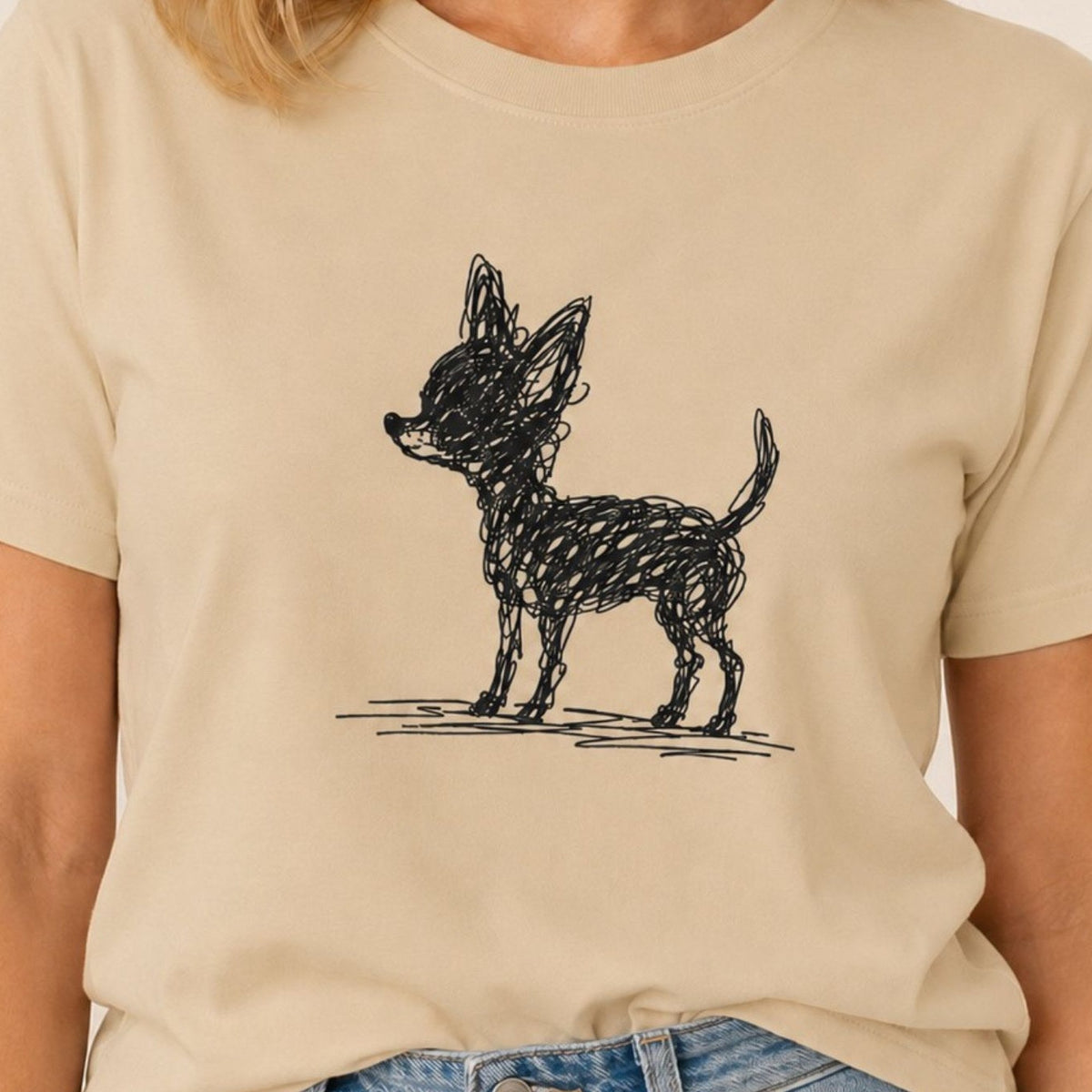 Scribbled Chihuahua T-Shirt - Sand Zoomed In